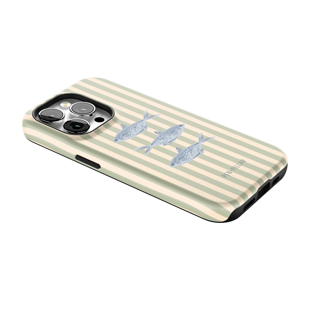 Sea Stripes iPhone 14 Pro case lying at an angle, showing the side buttons and print wrapping the edges