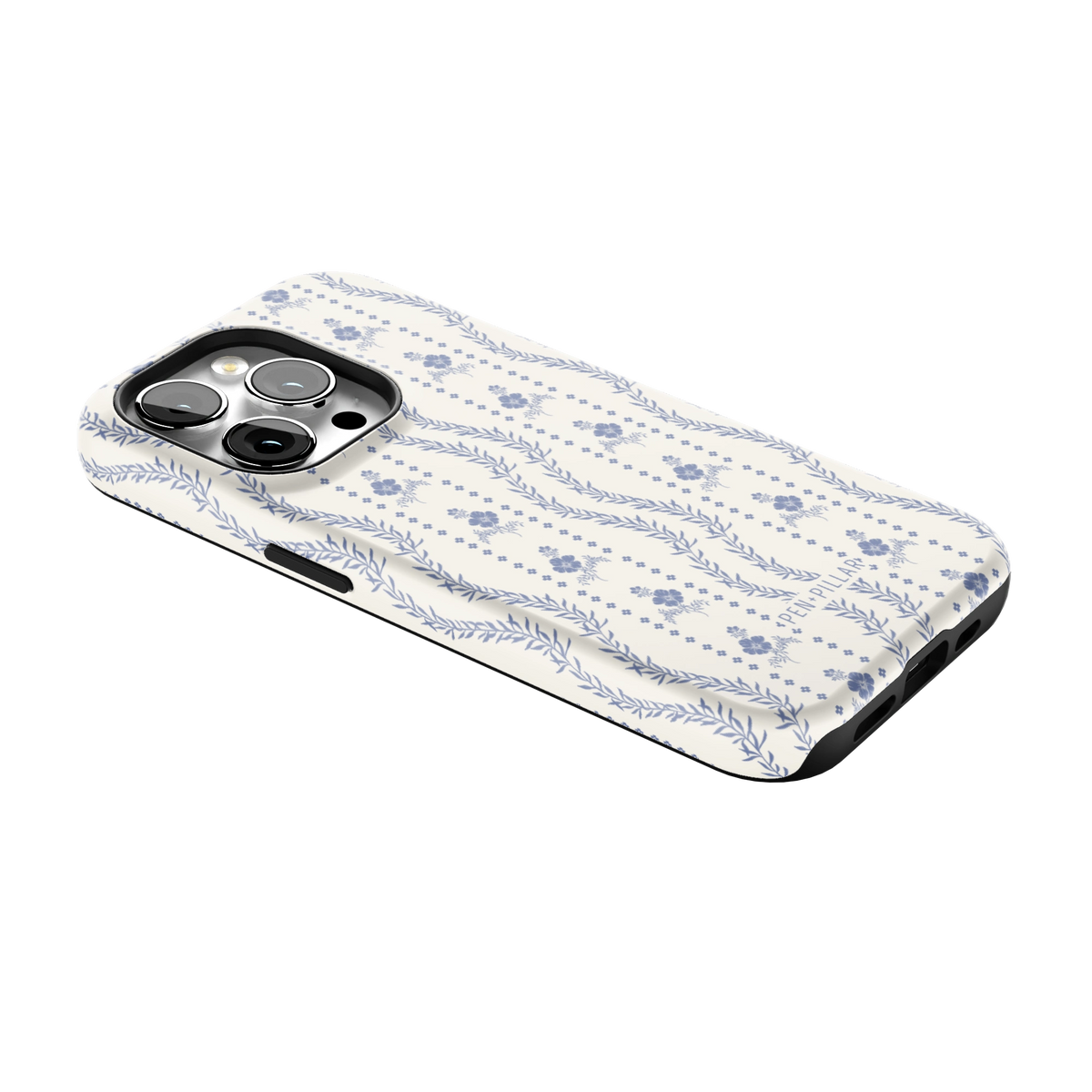 Riviera iPhone 14 Pro case lying at an angle, showing the side buttons and print wrapping the edges