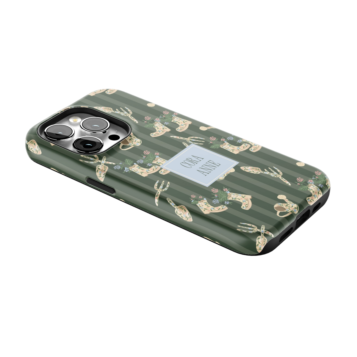 In the Garden Personalized iPhone 14 Pro case lying at an angle, showing the side buttons and print wrapping the edges