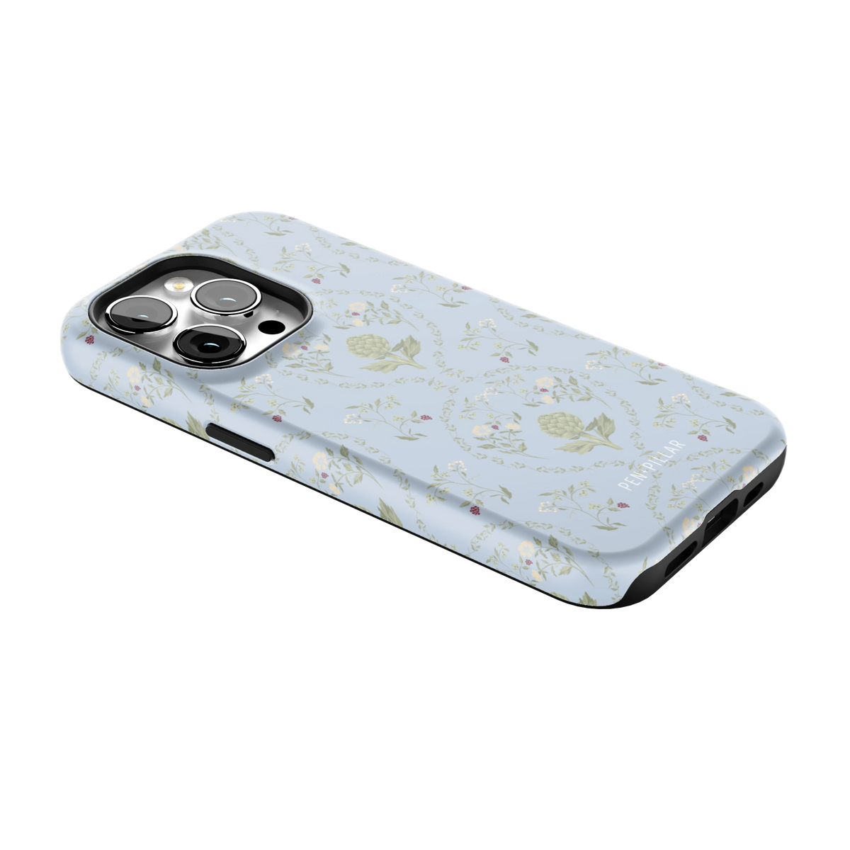 Artichoke iPhone 14 Pro case lying at an angle, showing the side buttons and print wrapping the edges