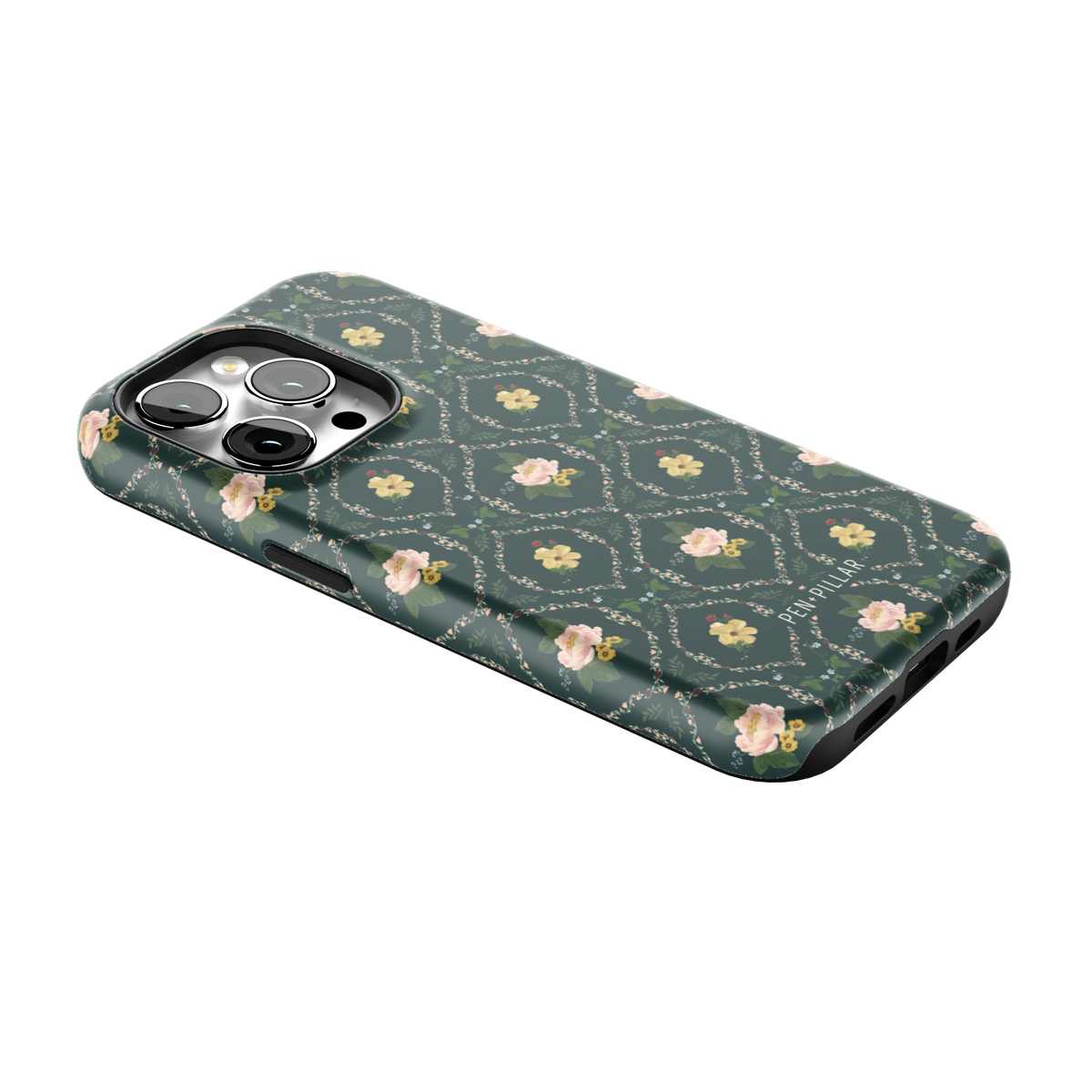 Meadow iPhone 14 Pro case lying at an angle, showing the side buttons and print wrapping the edges