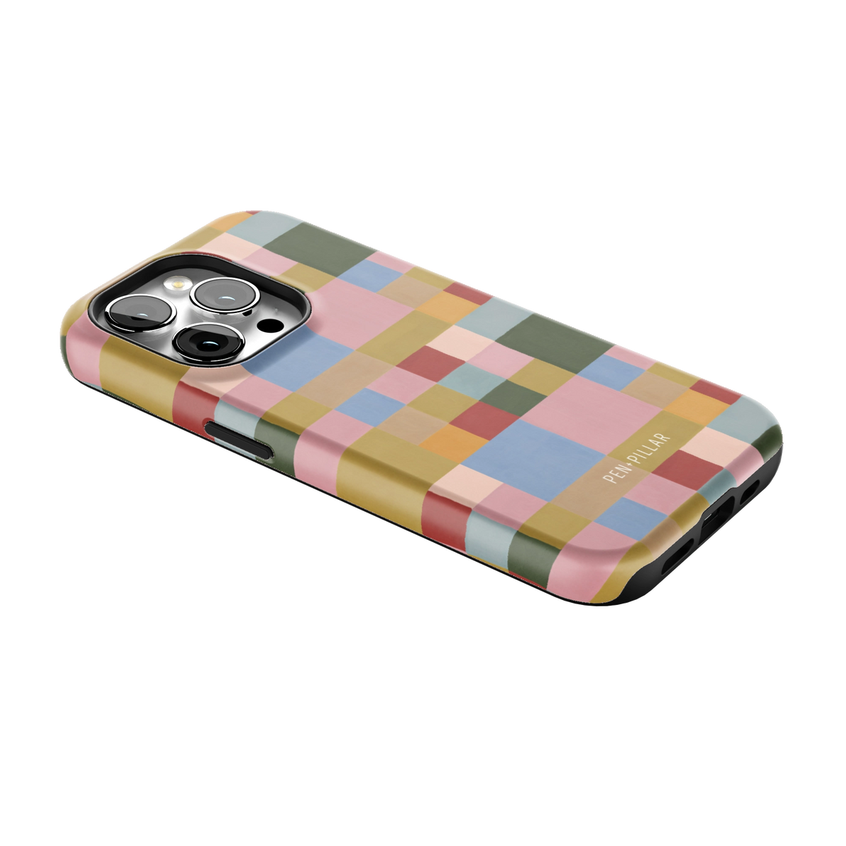 Colorblock iPhone 14 Pro case lying at an angle, showing the side buttons and print wrapping the edges