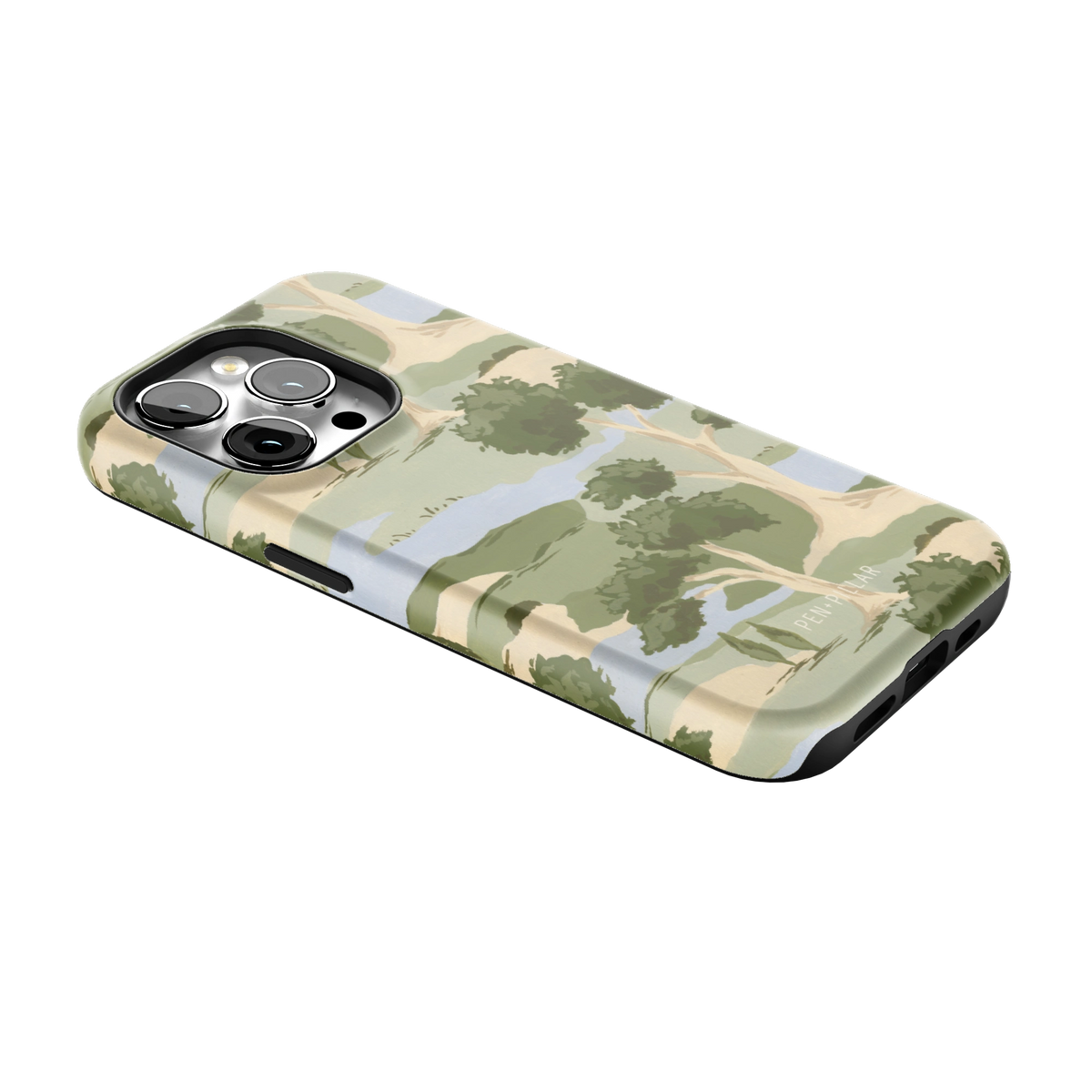 Orchard iPhone 14 Pro case lying at an angle, showing the side buttons and print wrapping the edges