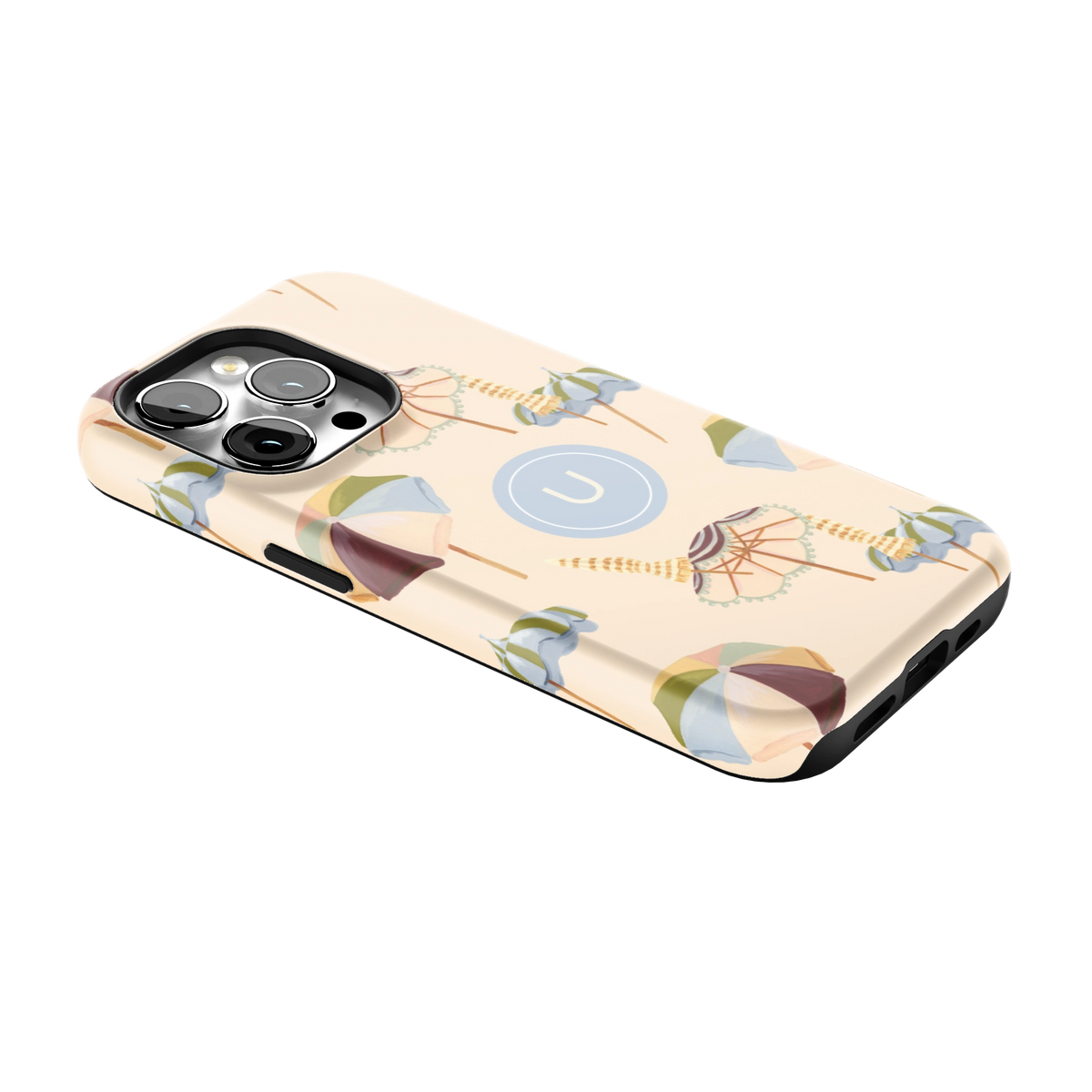 Umbrellas Personalized iPhone 14 Pro case lying at an angle, showing the side buttons and print wrapping the edges