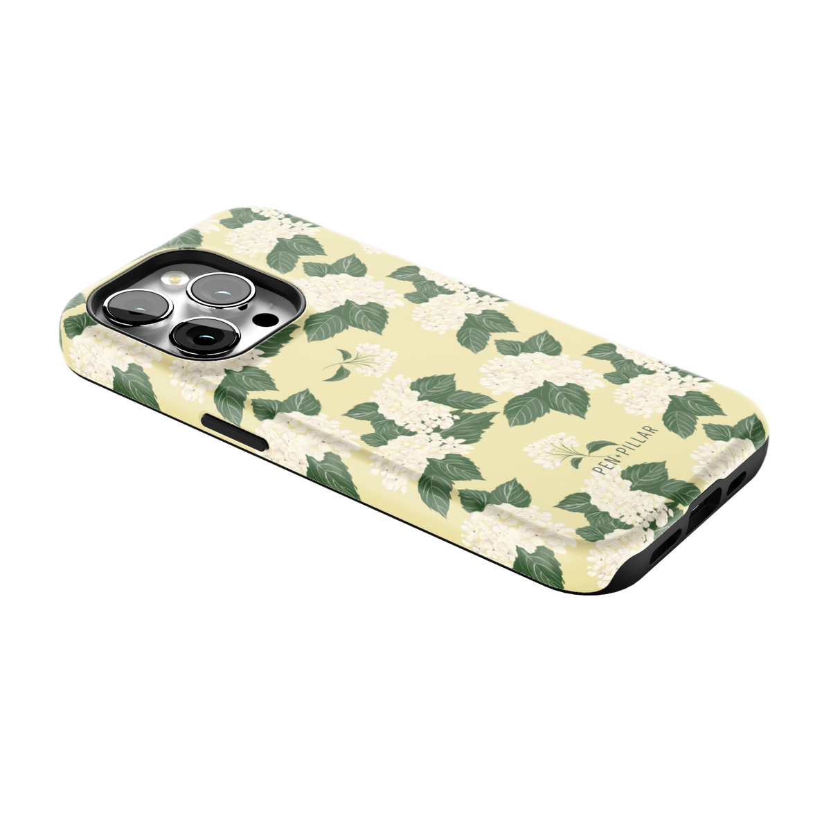 Hydrangea iPhone 14 Pro case lying at an angle, showing the side buttons and print wrapping the edges