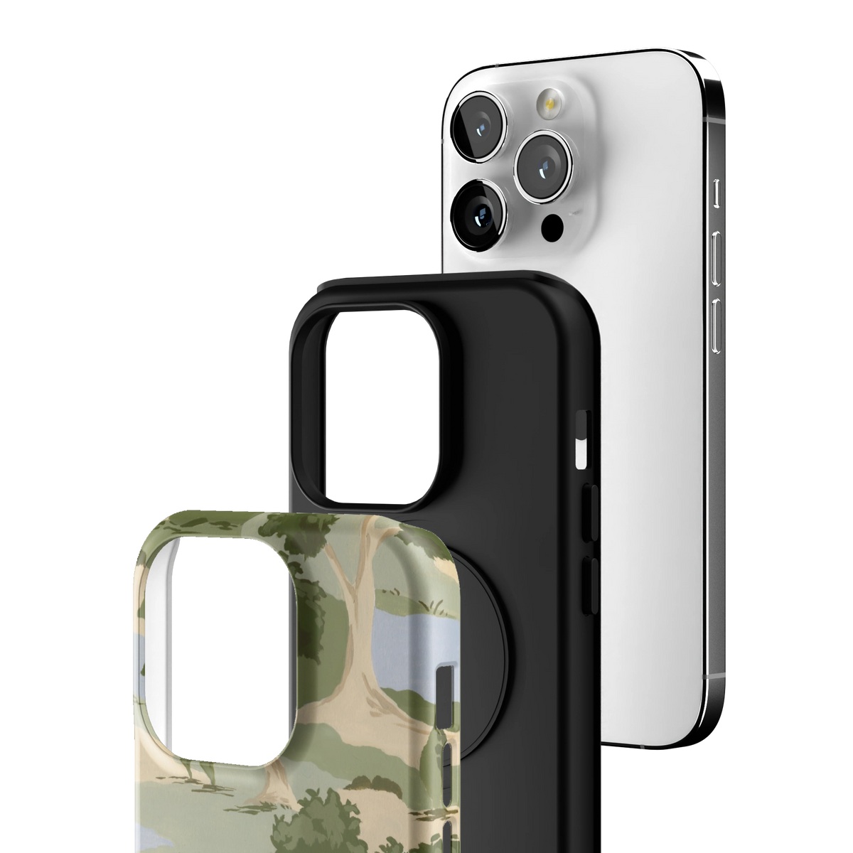 Exploded view of the Orchard iPhone 14 Pro case: printed shell, black inner layer with MagSafe ring, and phone
