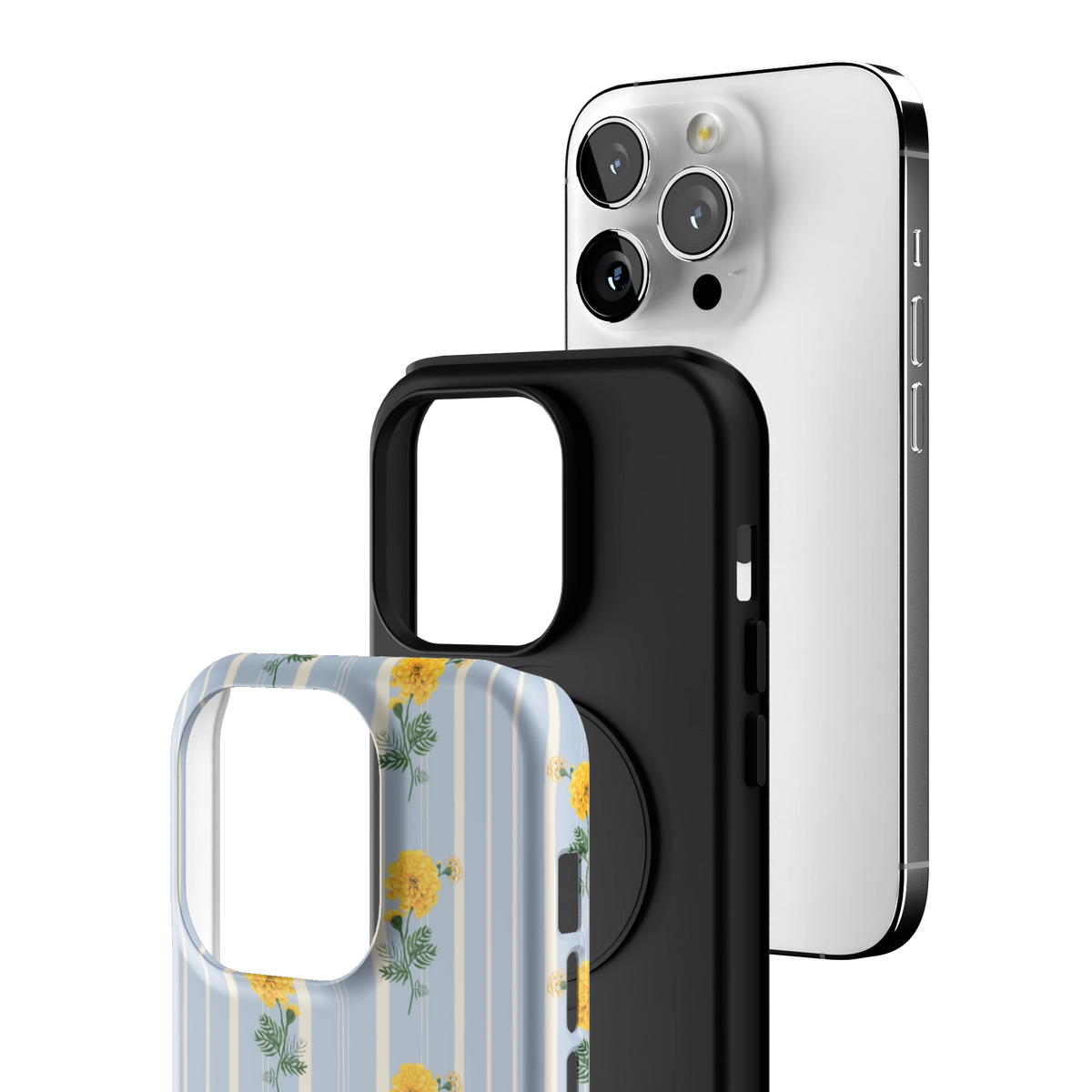 Exploded view of the October Birth Month iPhone 14 Pro case: printed shell, black inner layer with MagSafe ring, and phone