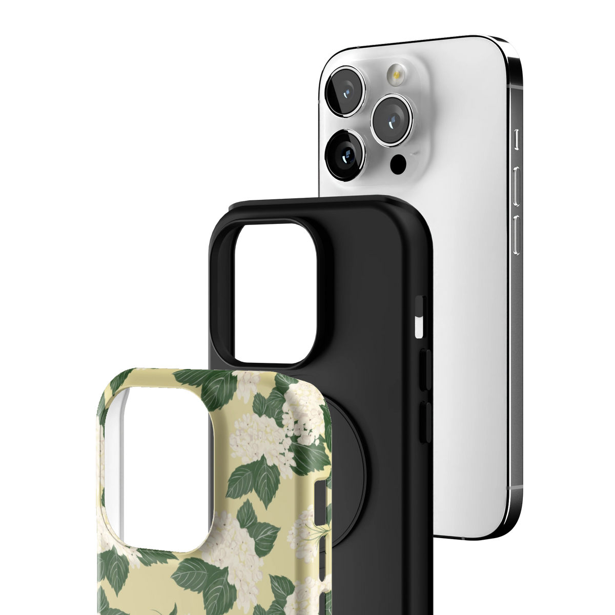Exploded view of the Hydrangea iPhone 14 Pro case: printed shell, black inner layer with MagSafe ring, and phone