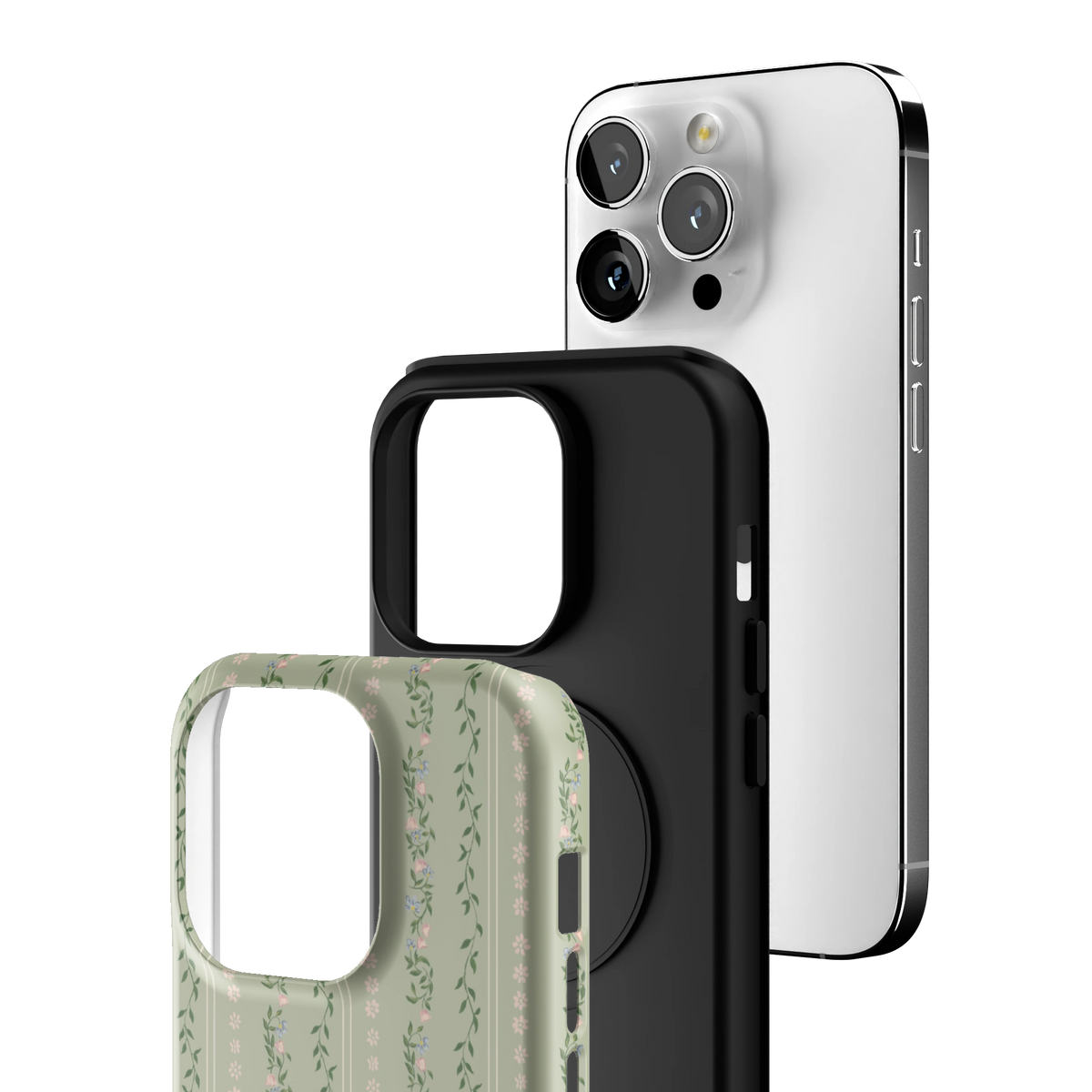 Exploded view of the Camellia iPhone 14 Pro case: printed shell, black inner layer with MagSafe ring, and phone
