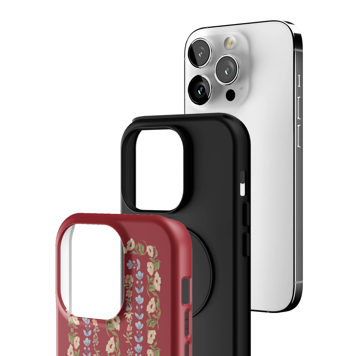 Exploded view of the Fiona iPhone 14 Pro case: printed shell, black inner layer with MagSafe ring, and phone