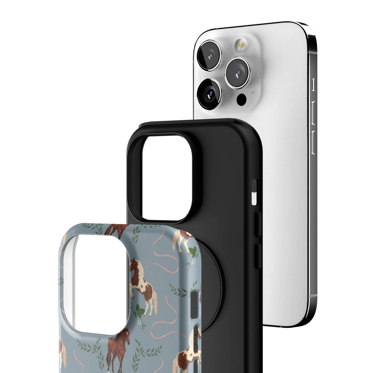 Exploded view of the Prairie Personalized iPhone 14 Pro case: printed shell, black inner layer with MagSafe ring, and phone