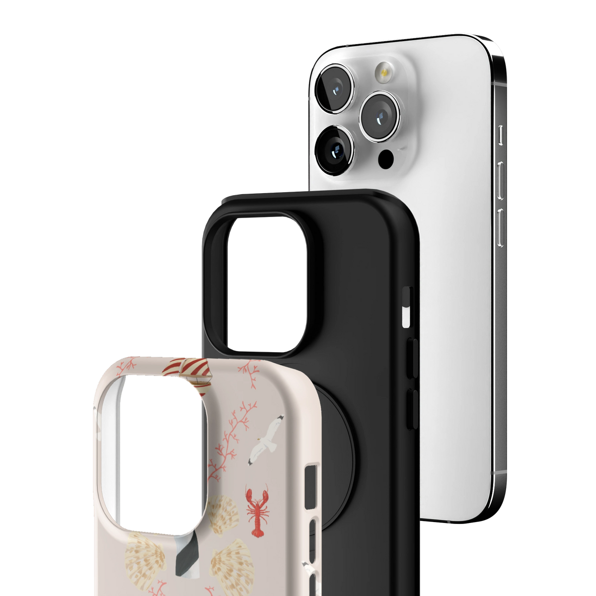 Exploded view of the Lighthouse Personalized iPhone 14 Pro case: printed shell, black inner layer with MagSafe ring, and phone