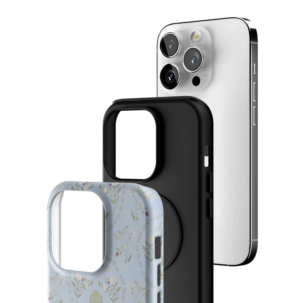 Exploded view of the Artichoke iPhone 14 Pro case: printed shell, black inner layer with MagSafe ring, and phone
