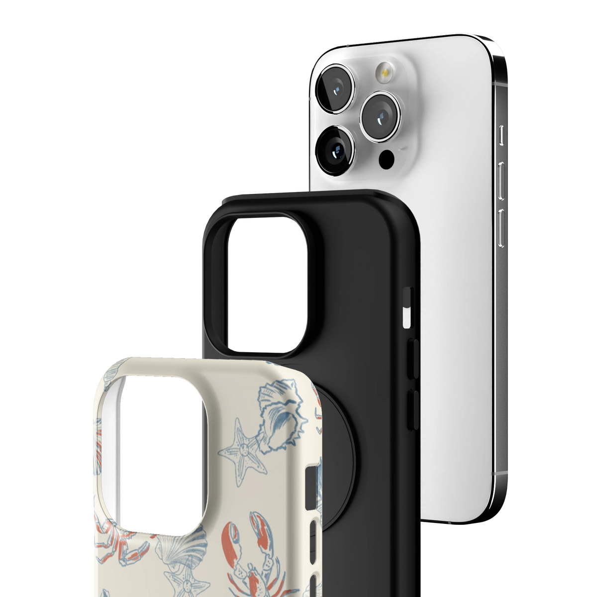 Exploded view of the Mariner Personalized iPhone 14 Pro case: printed shell, black inner layer with MagSafe ring, and phone