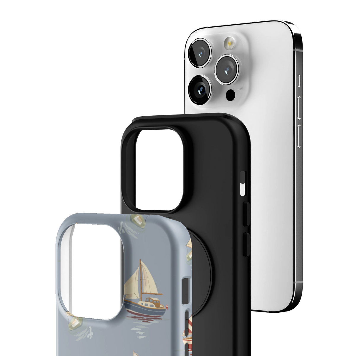 Exploded view of the Harbor iPhone 14 Pro case: printed shell, black inner layer with MagSafe ring, and phone