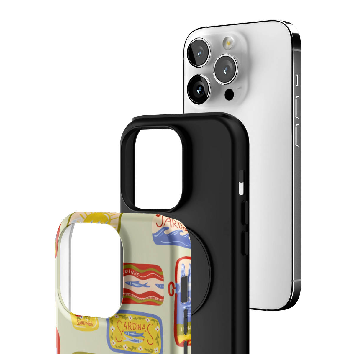 Exploded view of the Sardines Personalized iPhone 14 Pro case: printed shell, black inner layer with MagSafe ring, and phone