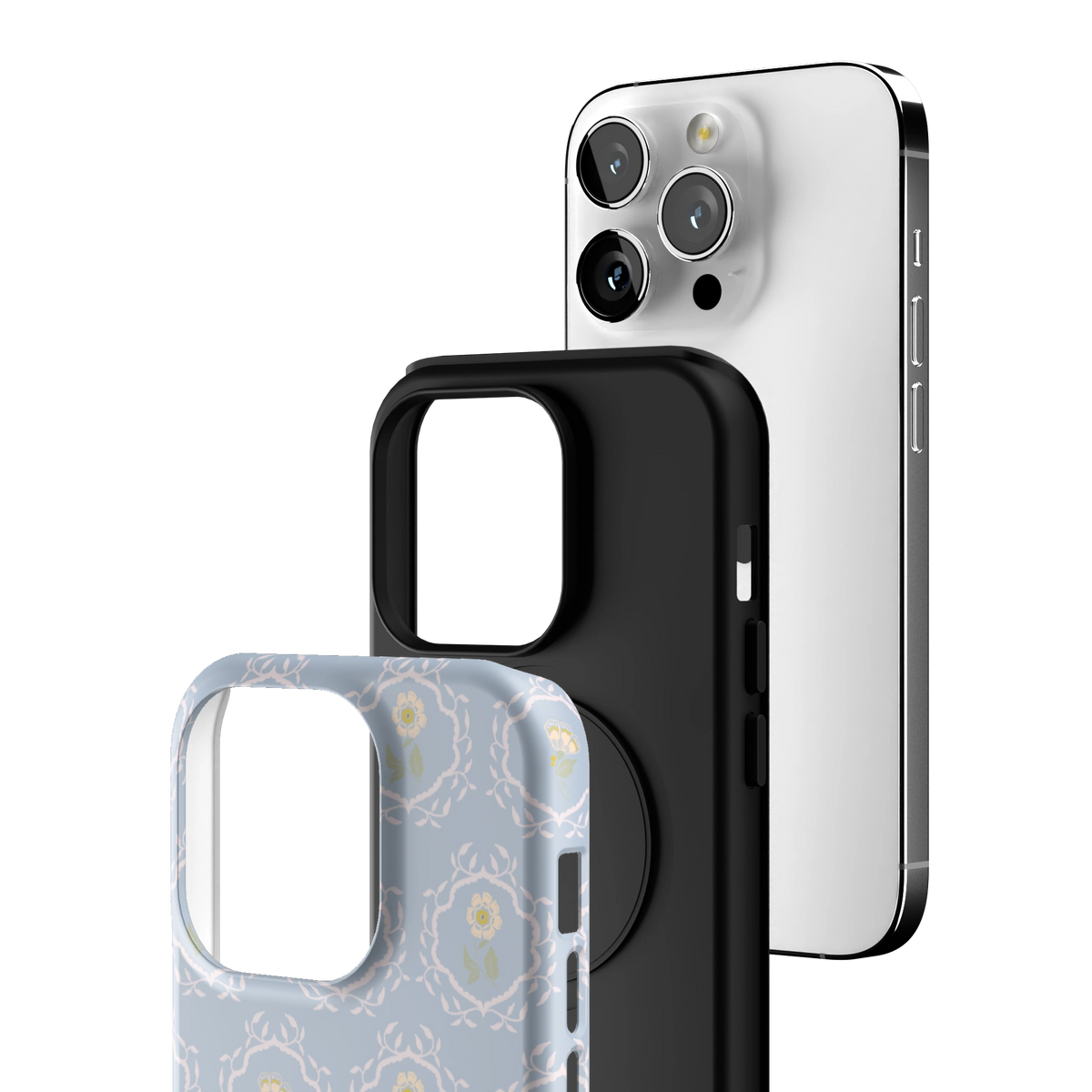 Exploded view of the Merrigold iPhone 14 Pro case: printed shell, black inner layer with MagSafe ring, and phone