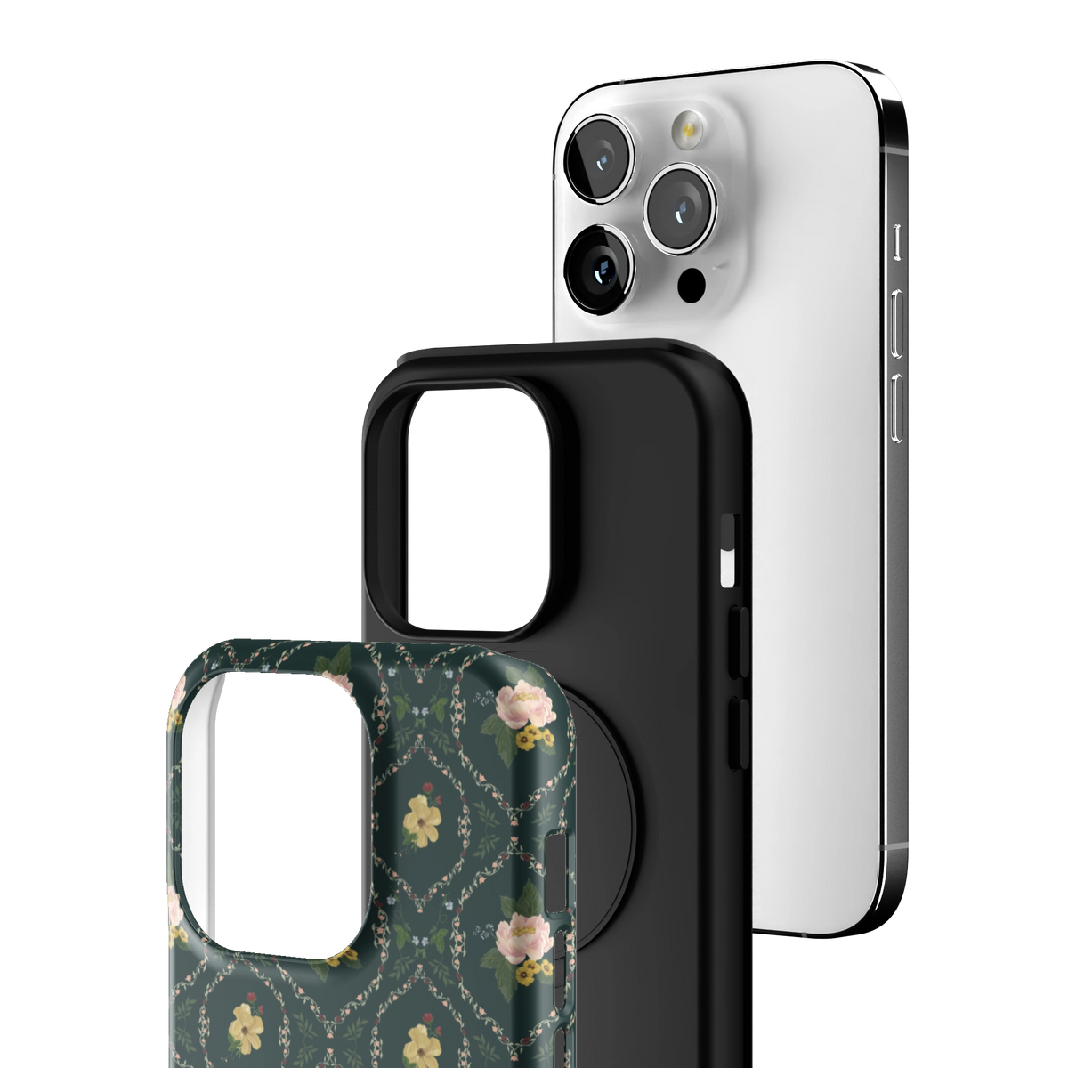 Exploded view of the Meadow iPhone 14 Pro case: printed shell, black inner layer with MagSafe ring, and phone