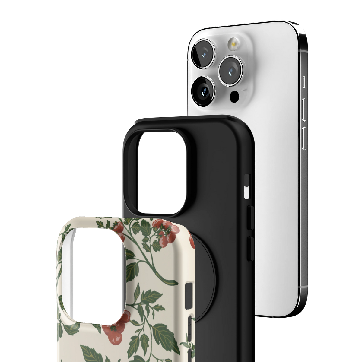 Exploded view of the Tomato Vines iPhone 14 Pro case: printed shell, black inner layer with MagSafe ring, and phone