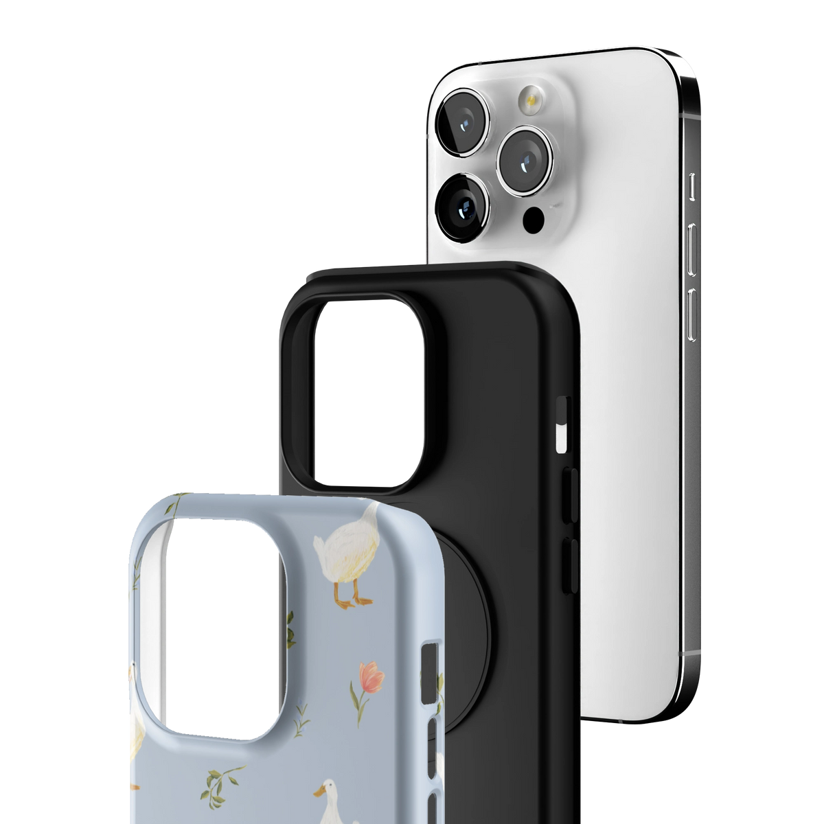 Exploded view of the Ducks iPhone 14 Pro case: printed shell, black inner layer with MagSafe ring, and phone