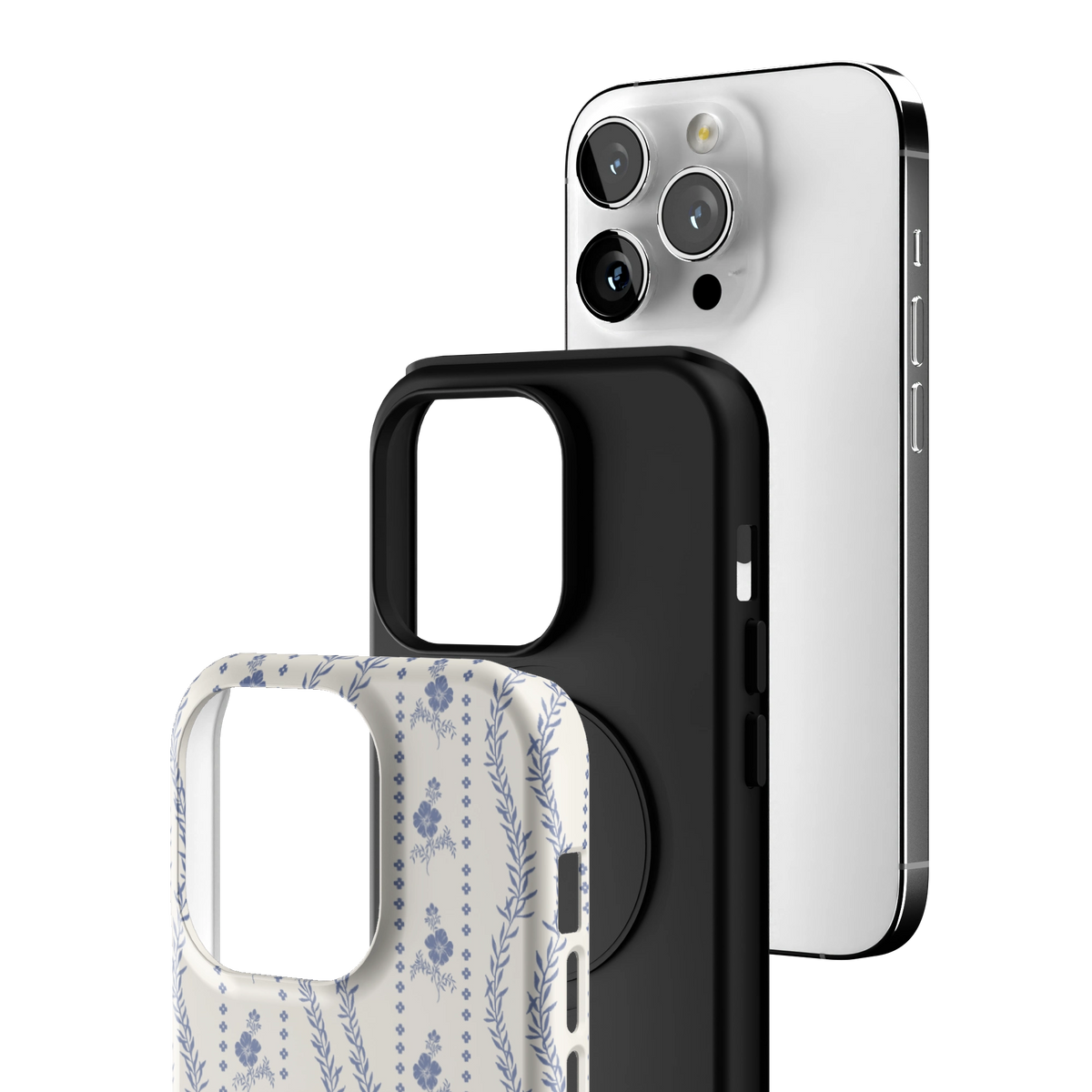 Exploded view of the Riviera iPhone 14 Pro case: printed shell, black inner layer with MagSafe ring, and phone