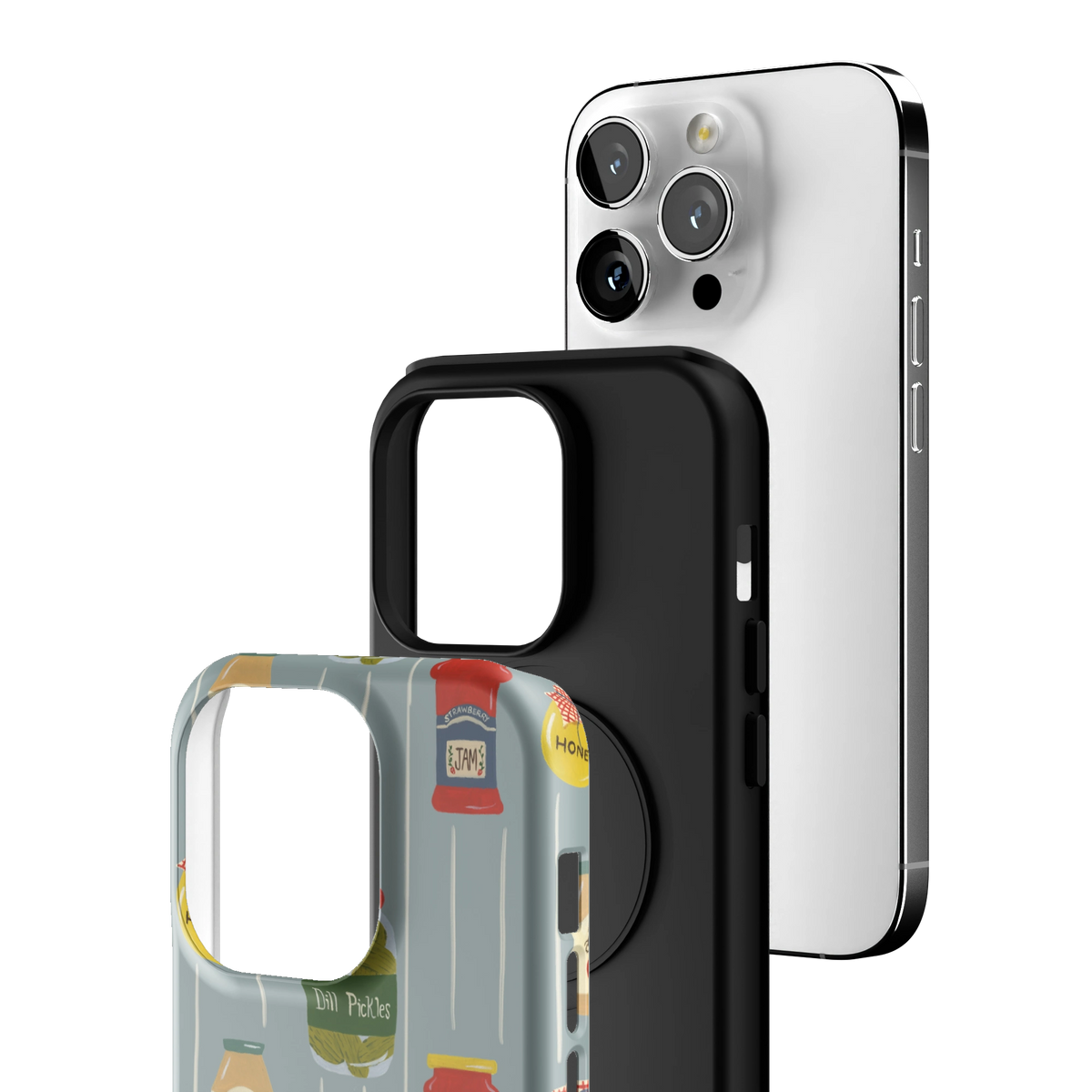 Exploded view of the Preserves Personalized iPhone 14 Pro case: printed shell, black inner layer with MagSafe ring, and phone