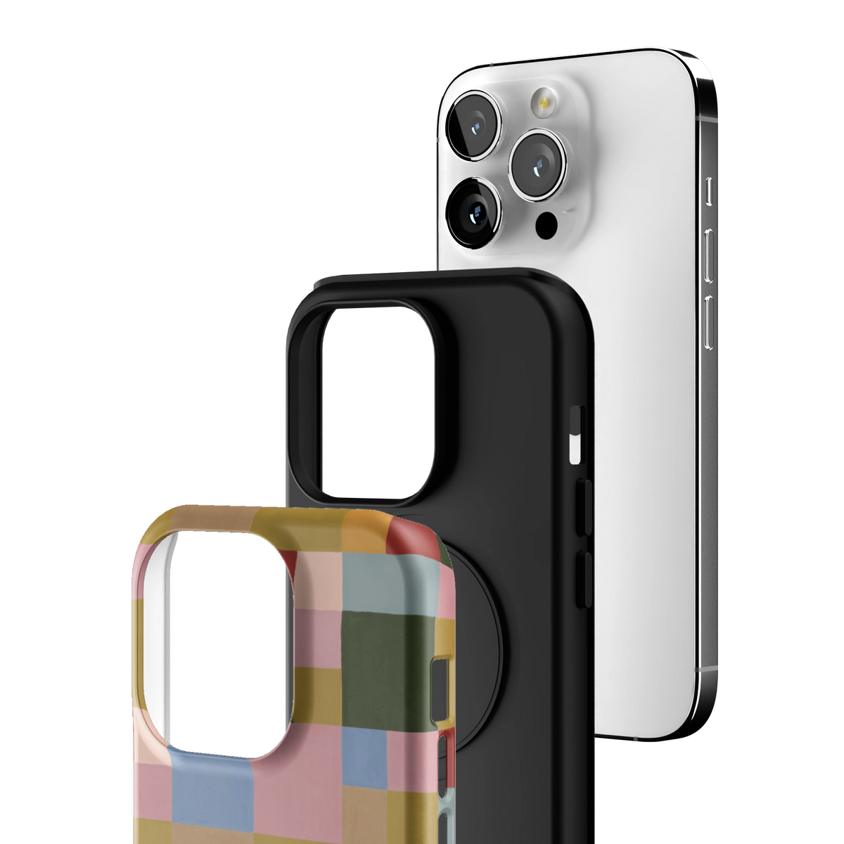 Exploded view of the Colorblock iPhone 14 Pro case: printed shell, black inner layer with MagSafe ring, and phone