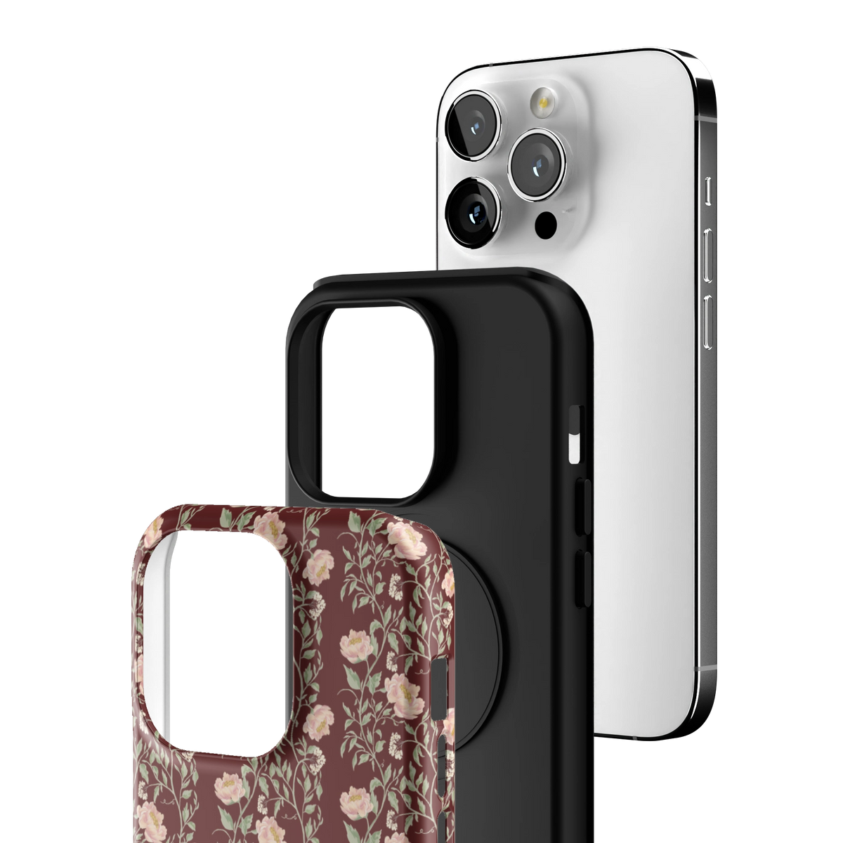 Exploded view of the Thicket iPhone 14 Pro case: printed shell, black inner layer with MagSafe ring, and phone