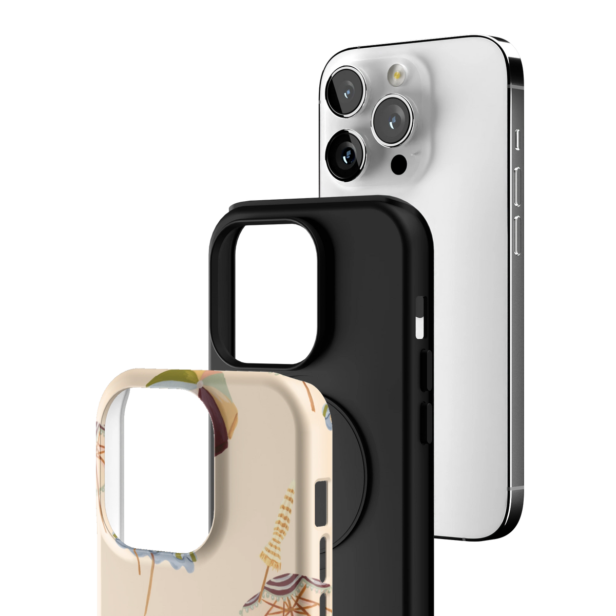 Exploded view of the Umbrellas iPhone 14 Pro case: printed shell, black inner layer with MagSafe ring, and phone