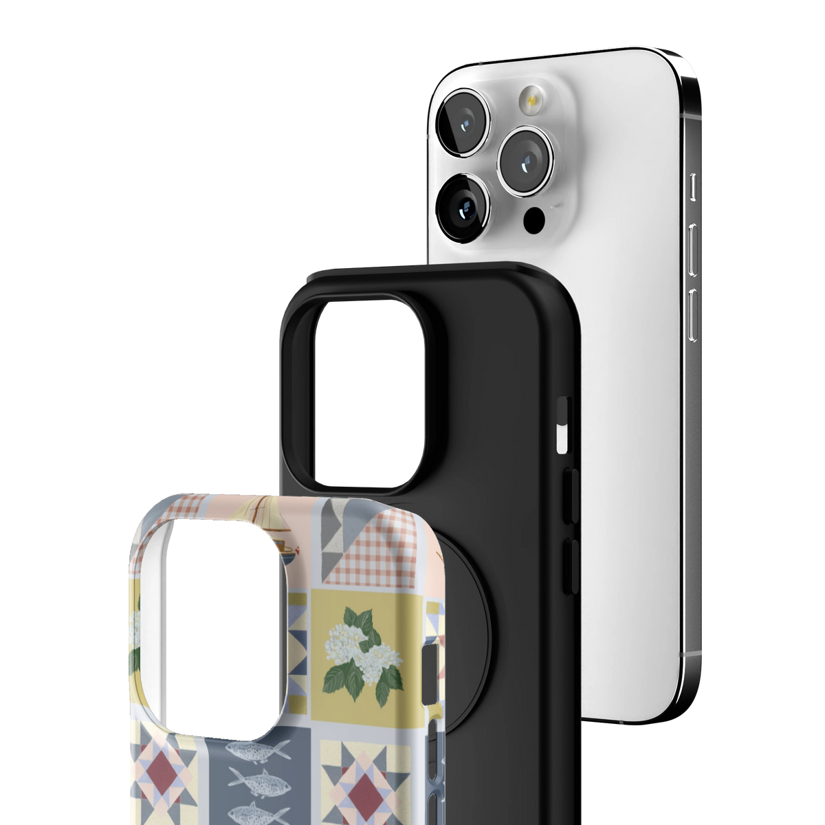 Exploded view of the Coastal Quilt iPhone 14 Pro case: printed shell, black inner layer with MagSafe ring, and phone