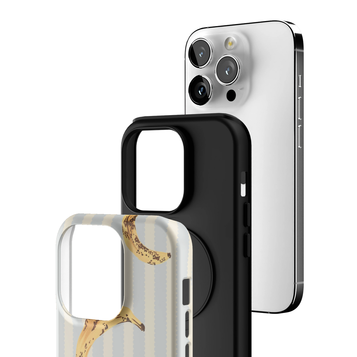 Exploded view of the Striped Bananas Personalized iPhone 14 Pro case: printed shell, black inner layer with MagSafe ring, and phone