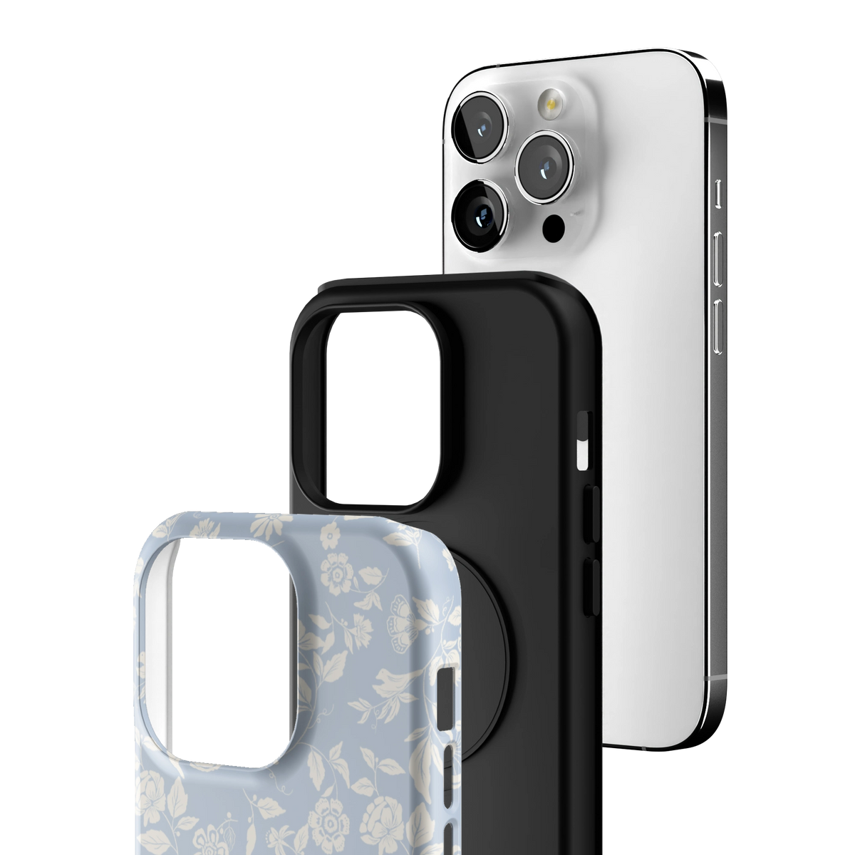 Exploded view of the Spritz iPhone 14 Pro case: printed shell, black inner layer with MagSafe ring, and phone