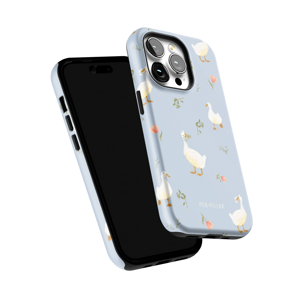 Ducks iPhone 14 Pro case tilted to show the raised edges around the screen and camera