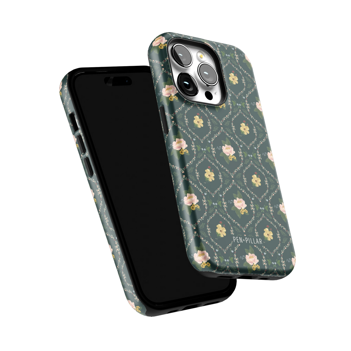 Meadow iPhone 14 Pro case tilted to show the raised edges around the screen and camera