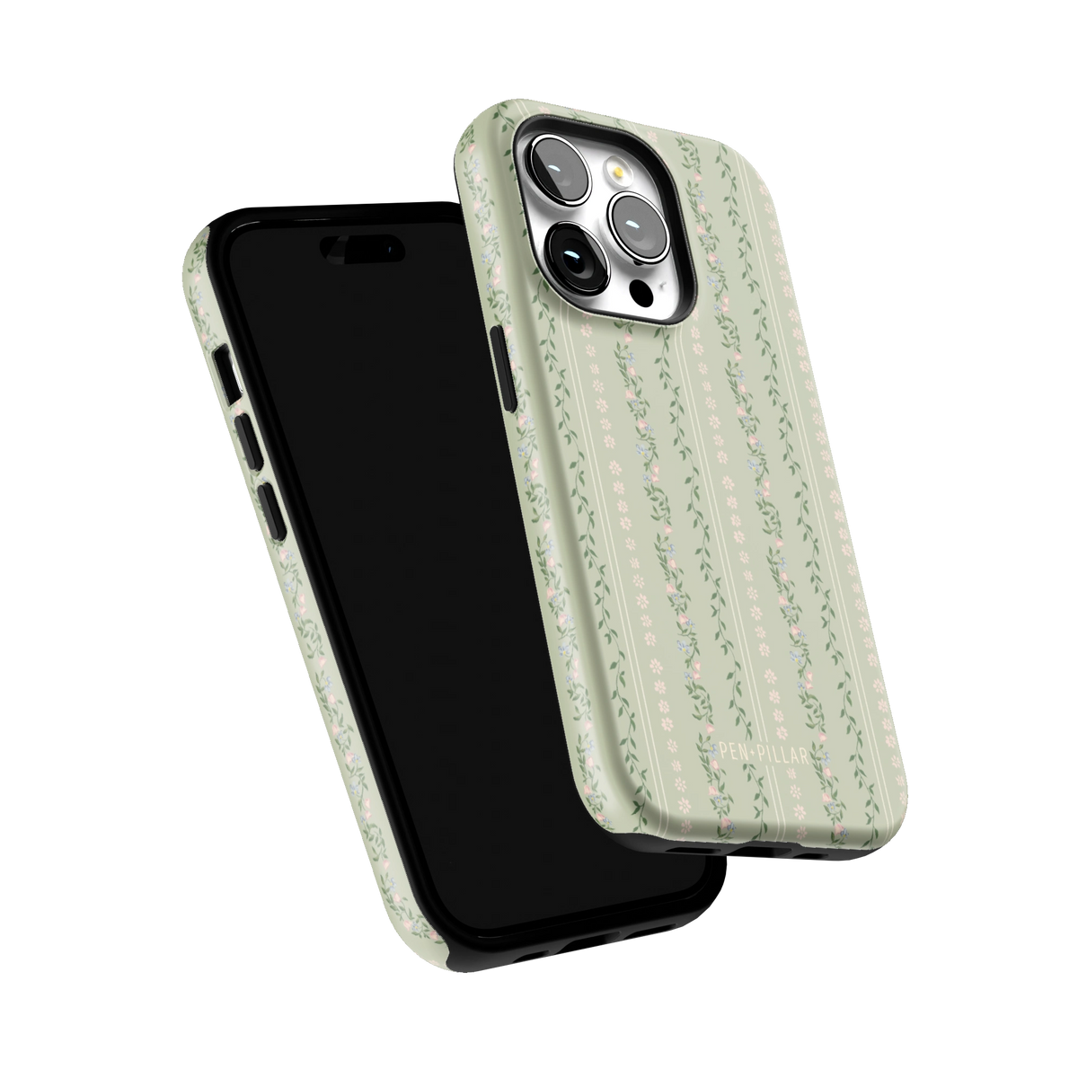Camellia iPhone 14 Pro case tilted to show the raised edges around the screen and camera