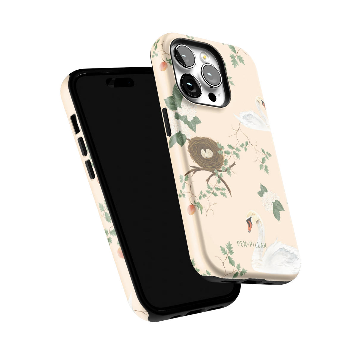 Swan Hollow iPhone 14 Pro case tilted to show the raised edges around the screen and camera