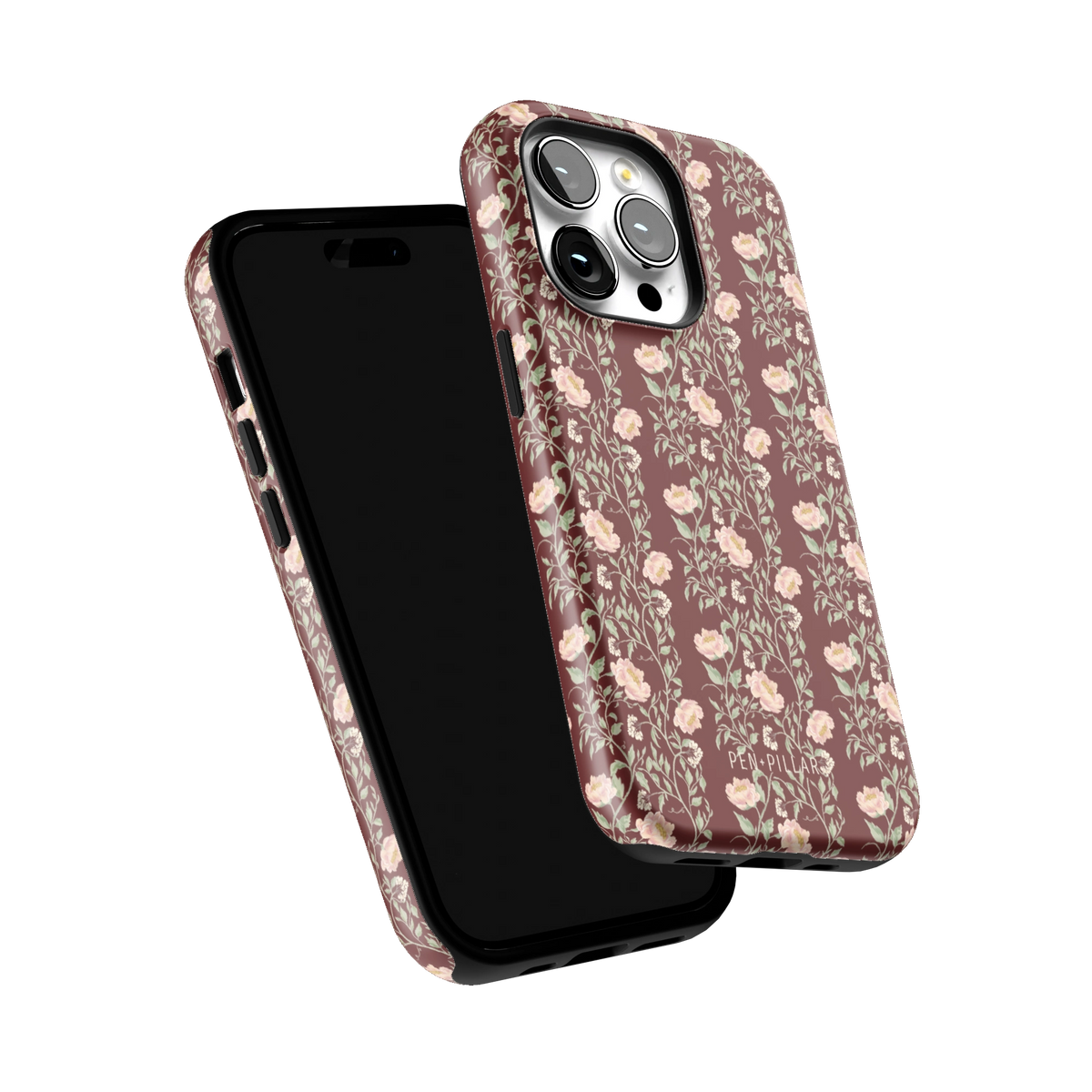 Thicket iPhone 14 Pro case tilted to show the raised edges around the screen and camera