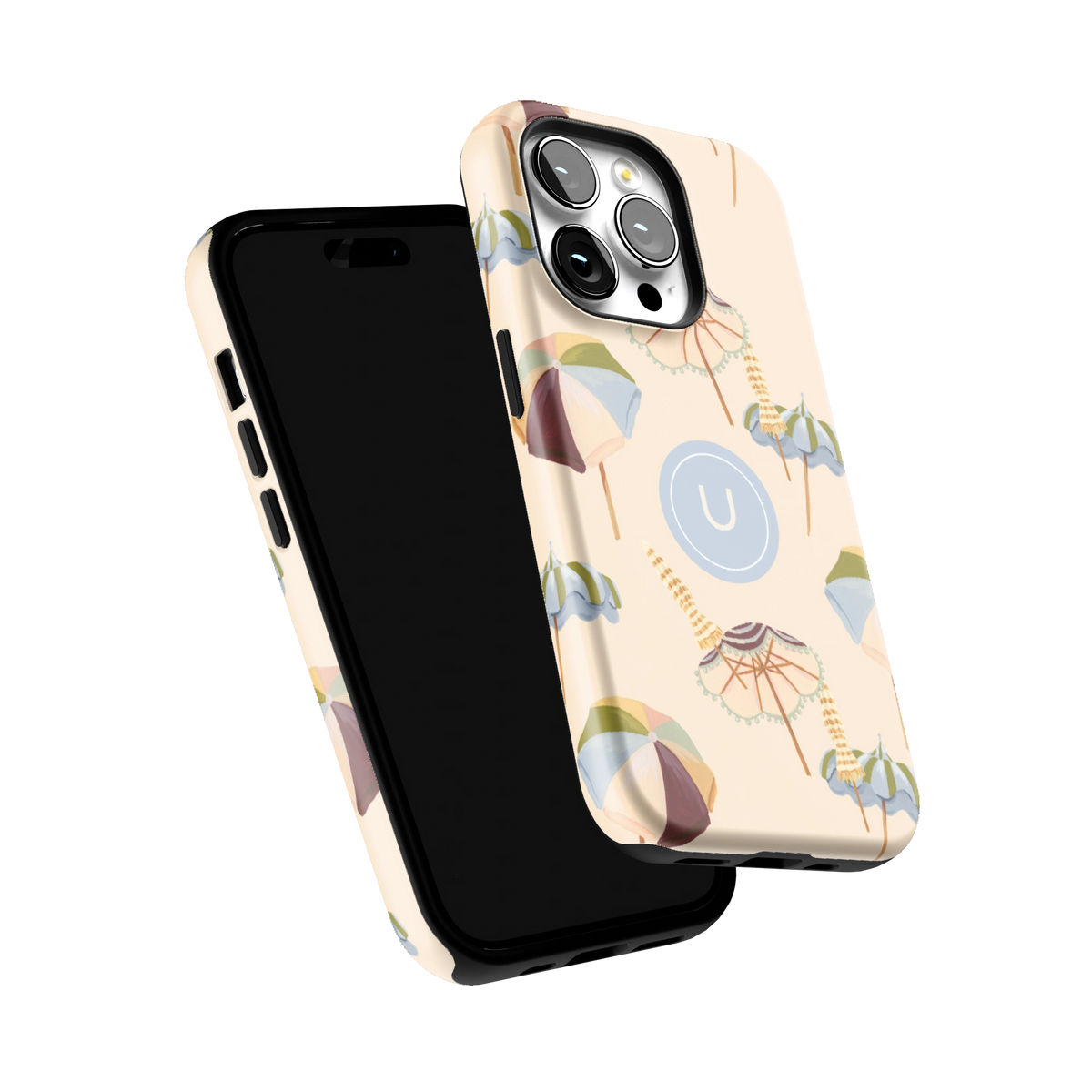 Umbrellas Personalized iPhone 14 Pro case tilted to show the raised edges around the screen and camera