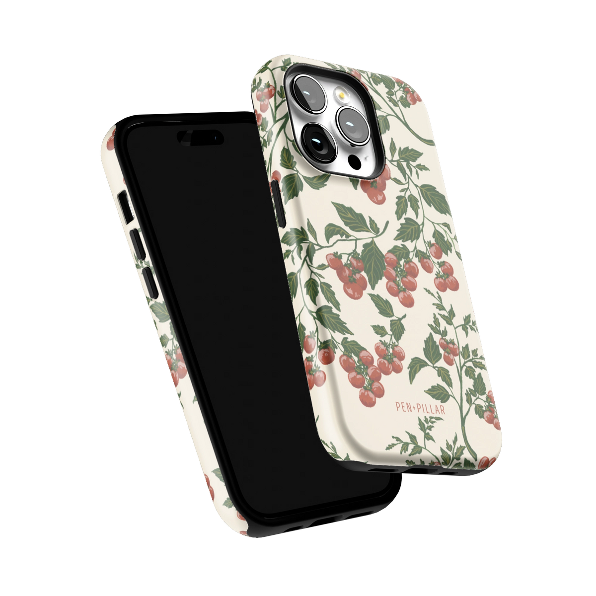 Tomato Vines iPhone 14 Pro case tilted to show the raised edges around the screen and camera