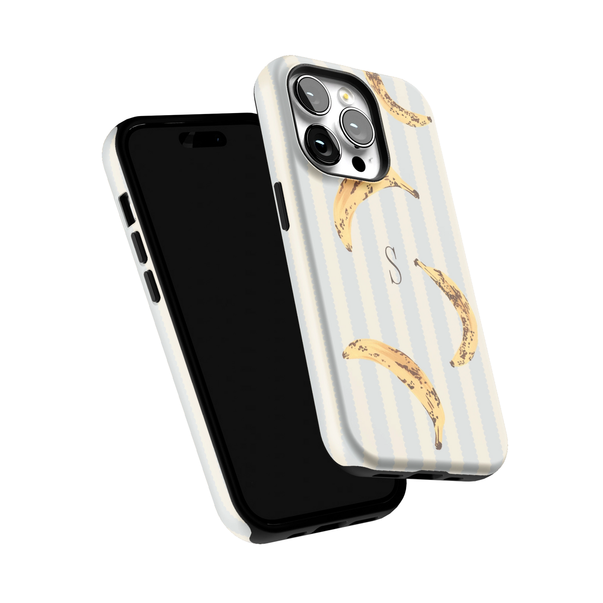Striped Bananas Personalized iPhone 14 Pro case tilted to show the raised edges around the screen and camera