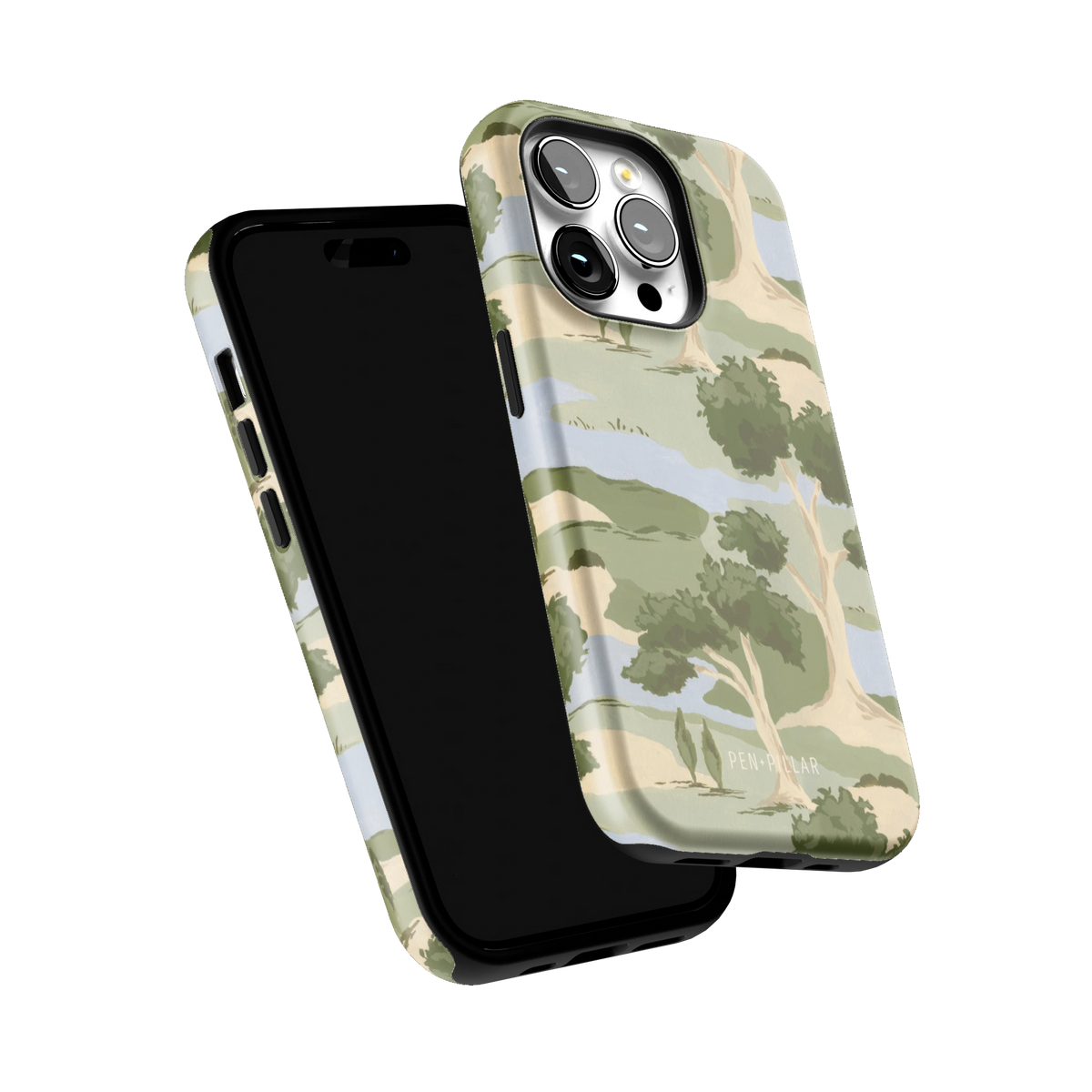 Orchard iPhone 14 Pro case tilted to show the raised edges around the screen and camera