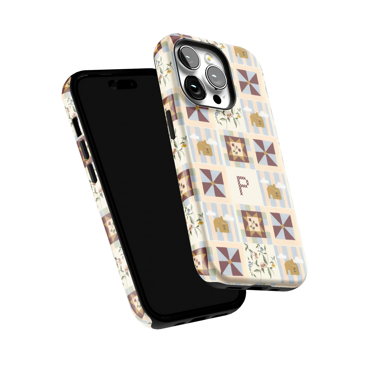 Pinwheel Personalized iPhone 14 Pro case tilted to show the raised edges around the screen and camera