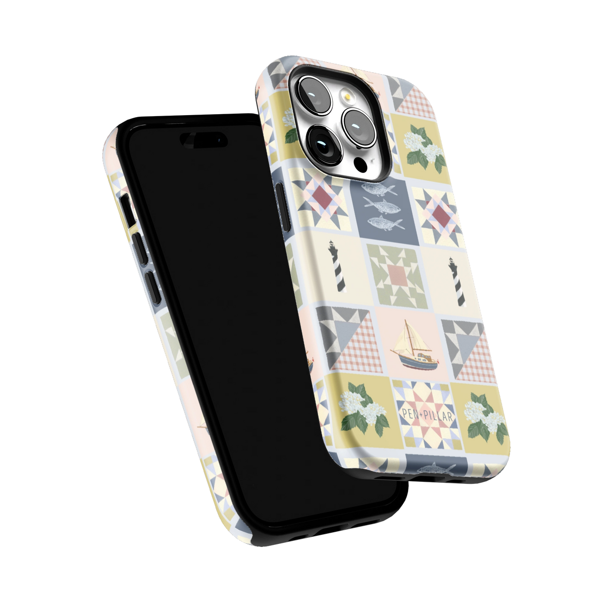 Coastal Quilt iPhone 14 Pro case tilted to show the raised edges around the screen and camera