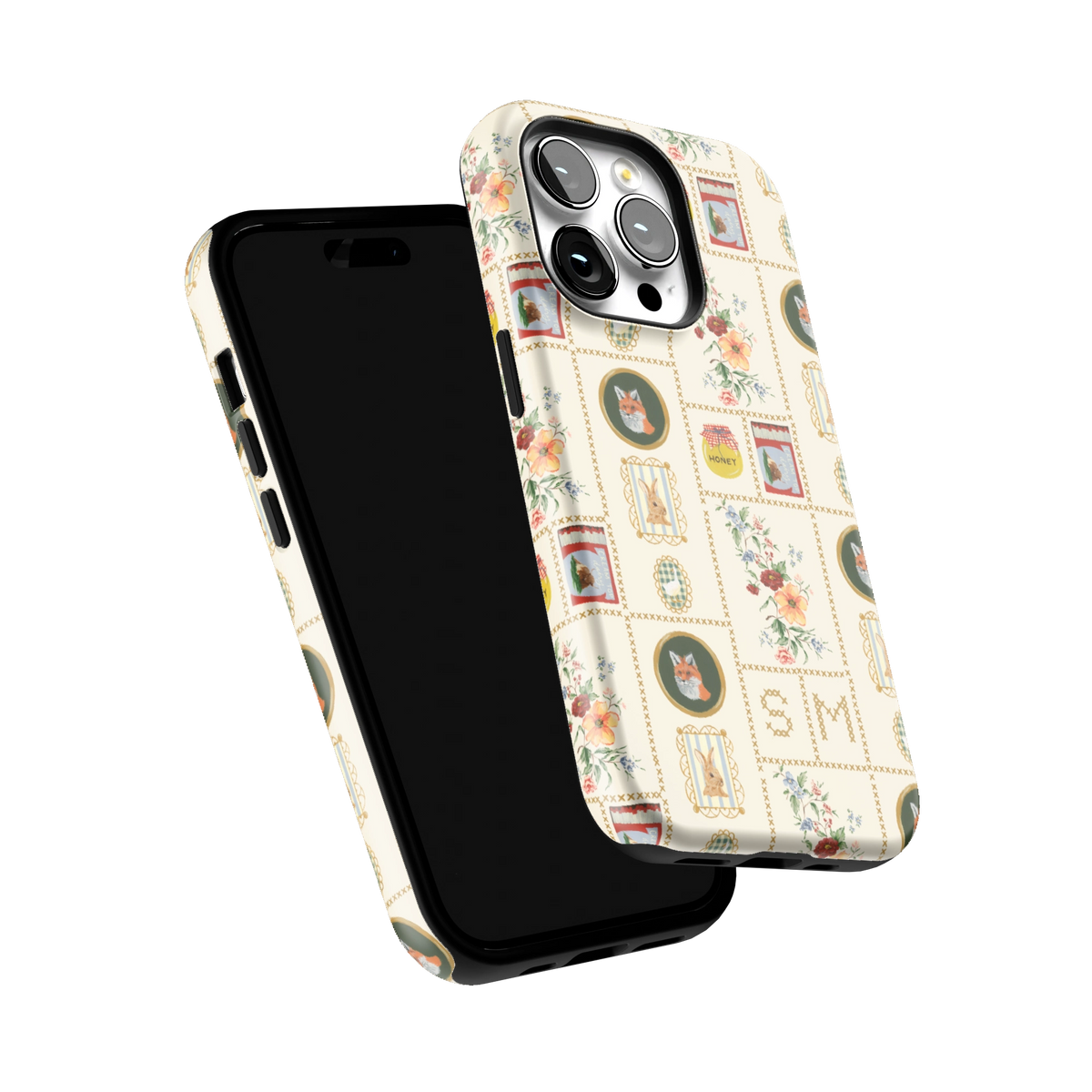 Sampler Personalized iPhone 14 Pro case tilted to show the raised edges around the screen and camera