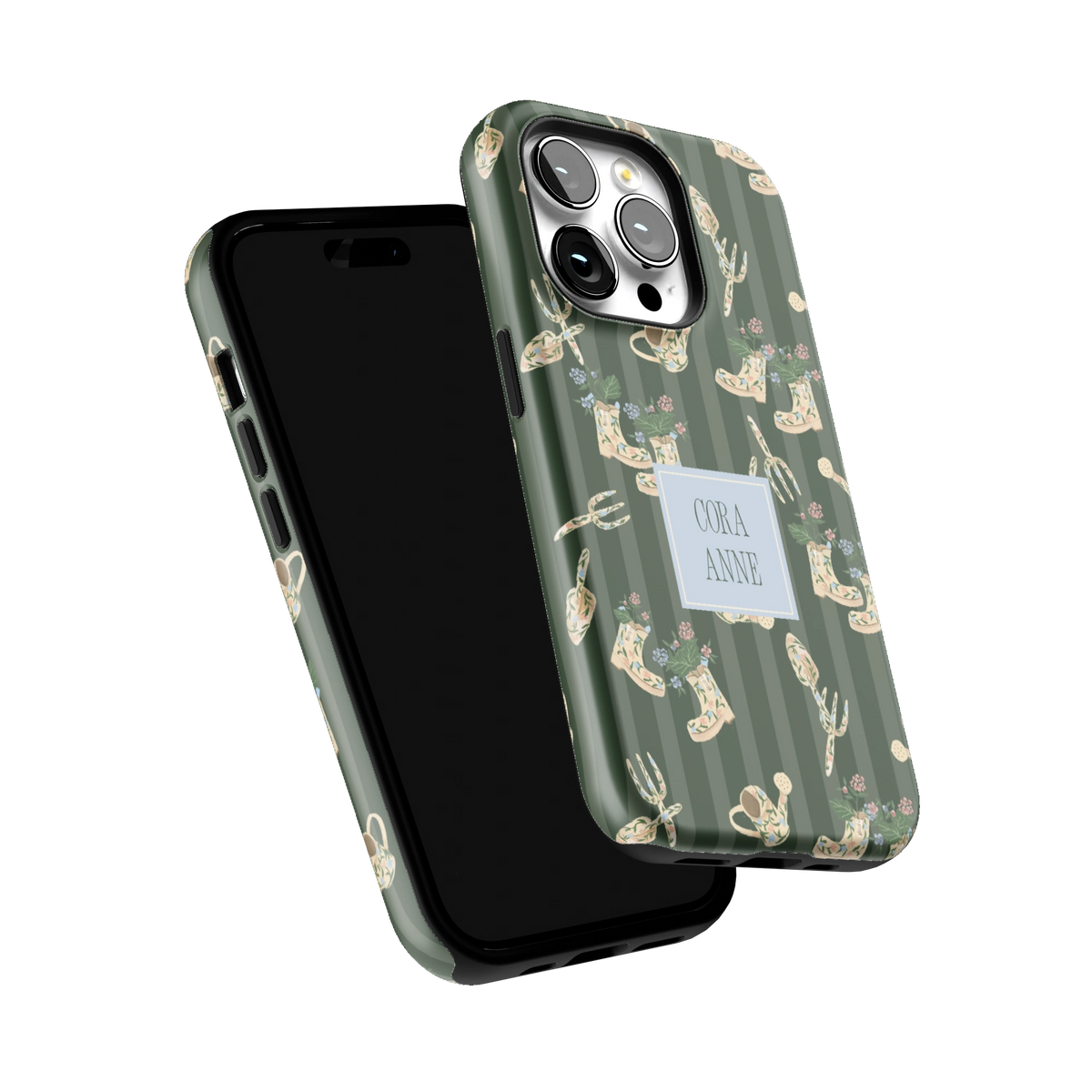 In the Garden Personalized iPhone 14 Pro case tilted to show the raised edges around the screen and camera