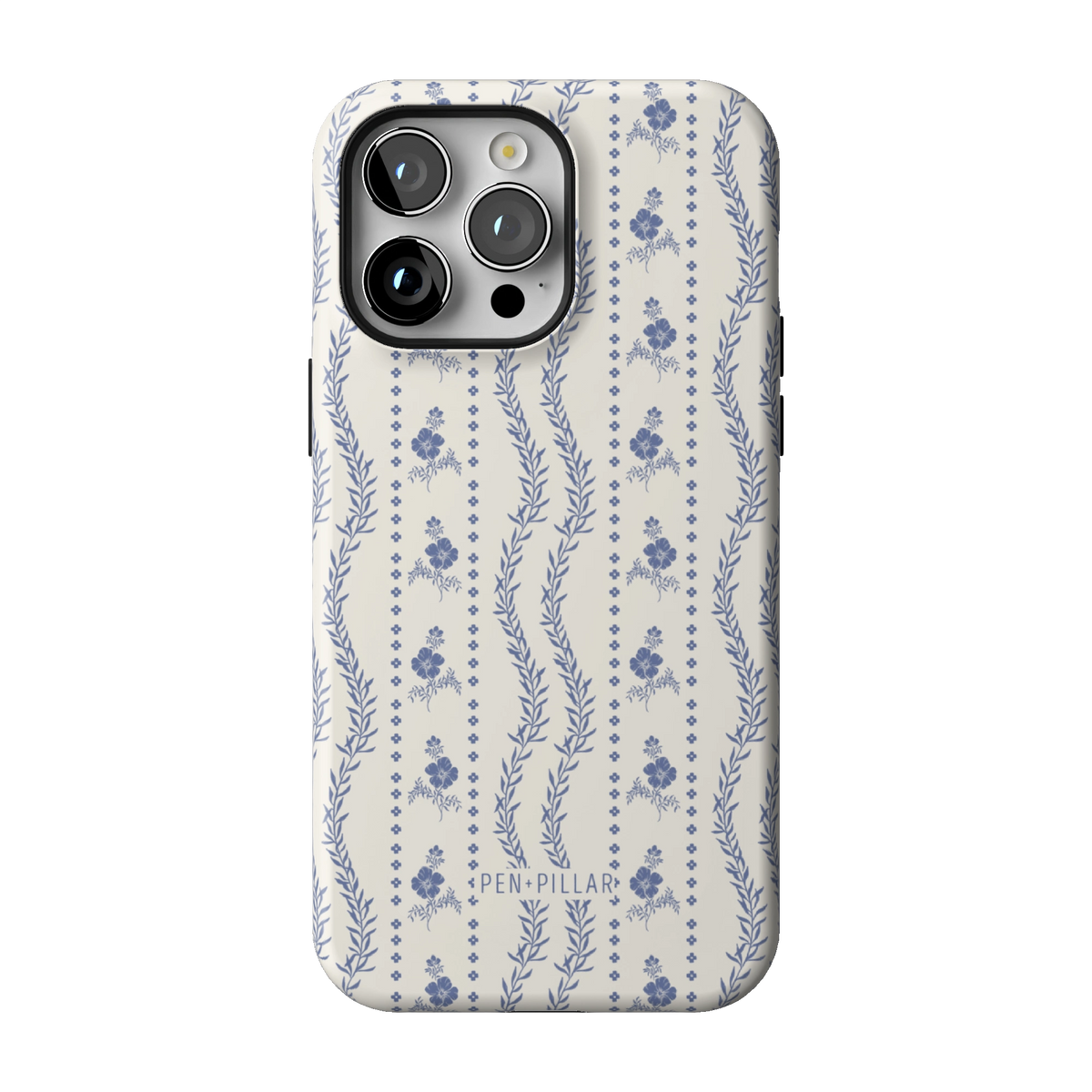 Riviera case on iPhone 14 Pro Max, back view: blue florals and vines in stripes on white
