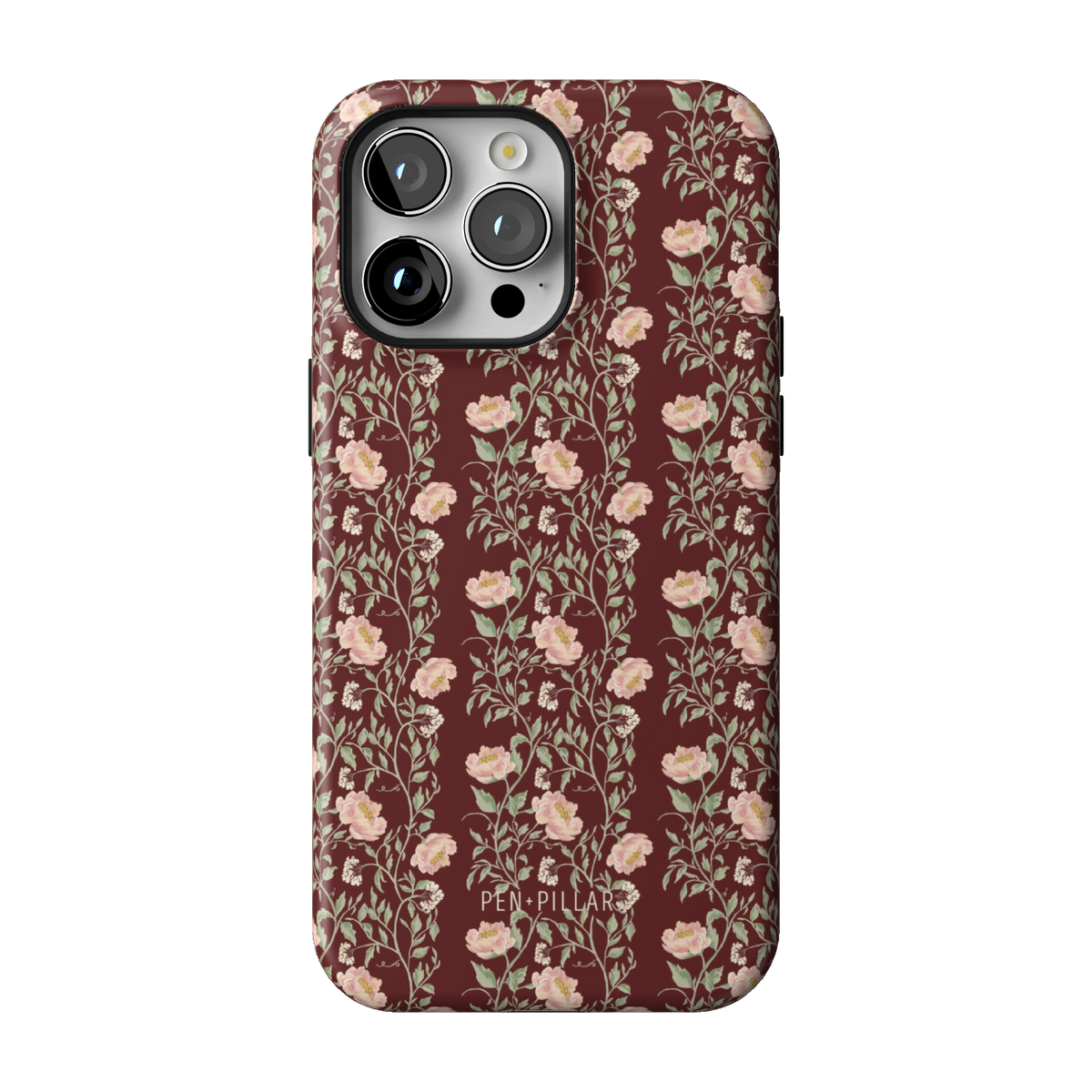 Thicket case on iPhone 14 Pro Max, back view: dense blush and cream florals on deep burgundy