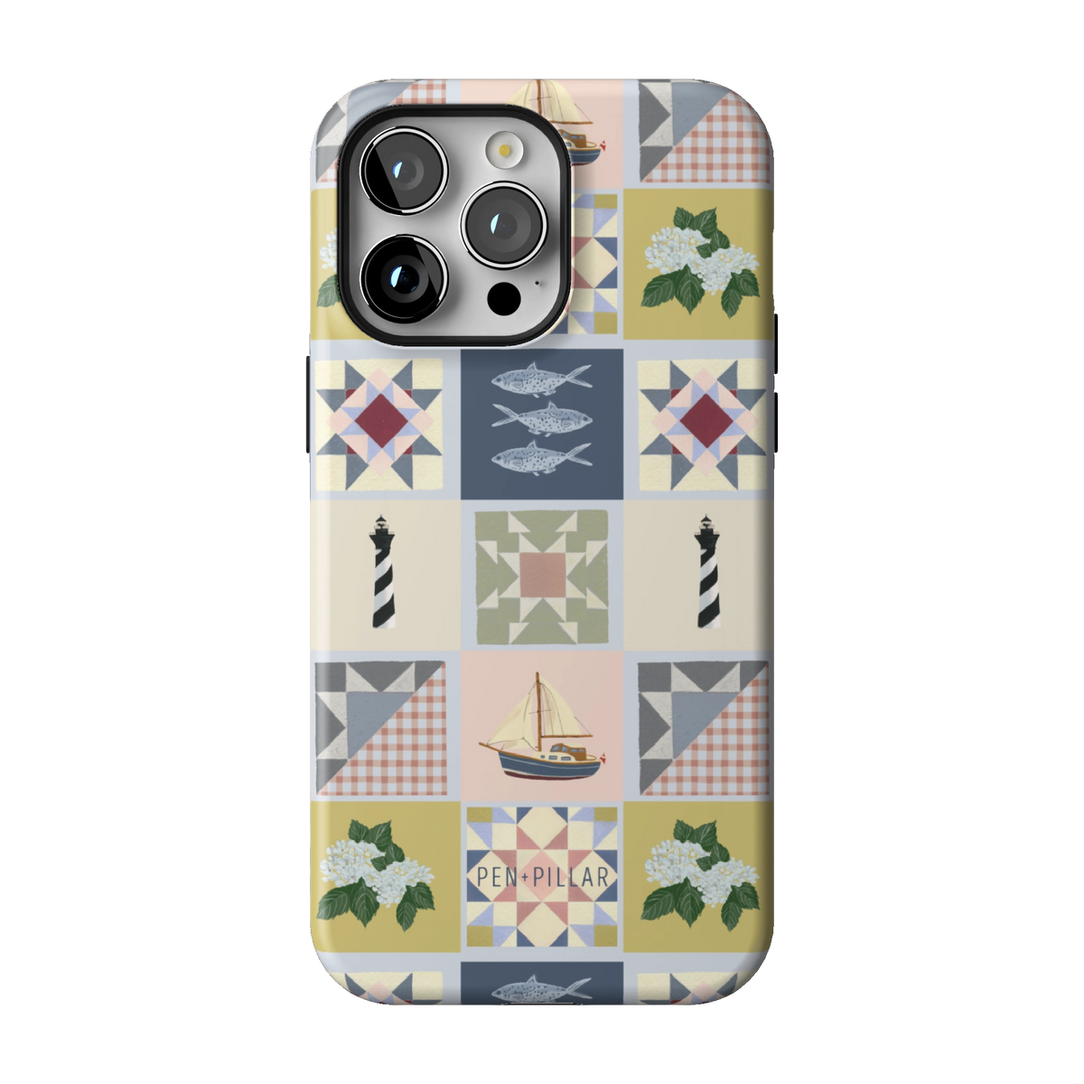 Coastal Quilt case on iPhone 14 Pro Max, back view: quilt blocks with sailboats, fish, a lighthouse and hydrangeas in navy, sage and blush