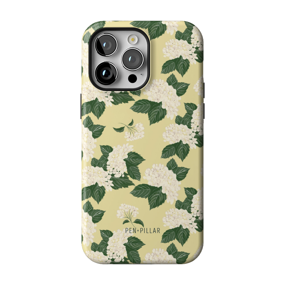 Hydrangea case on iPhone 14 Pro Max, back view: white hydrangeas and green leaves on buttery yellow