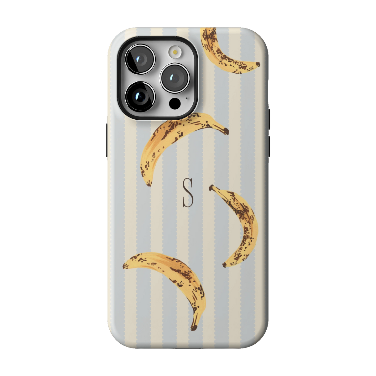 Striped Bananas Personalized case on iPhone 14 Pro Max, back view: ripe bananas on pale blue and cream stripes with the initial S